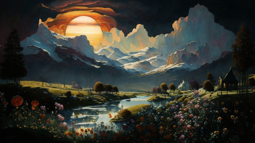 Serene landscape painting: orange sun, snowy mountains, reflective lake