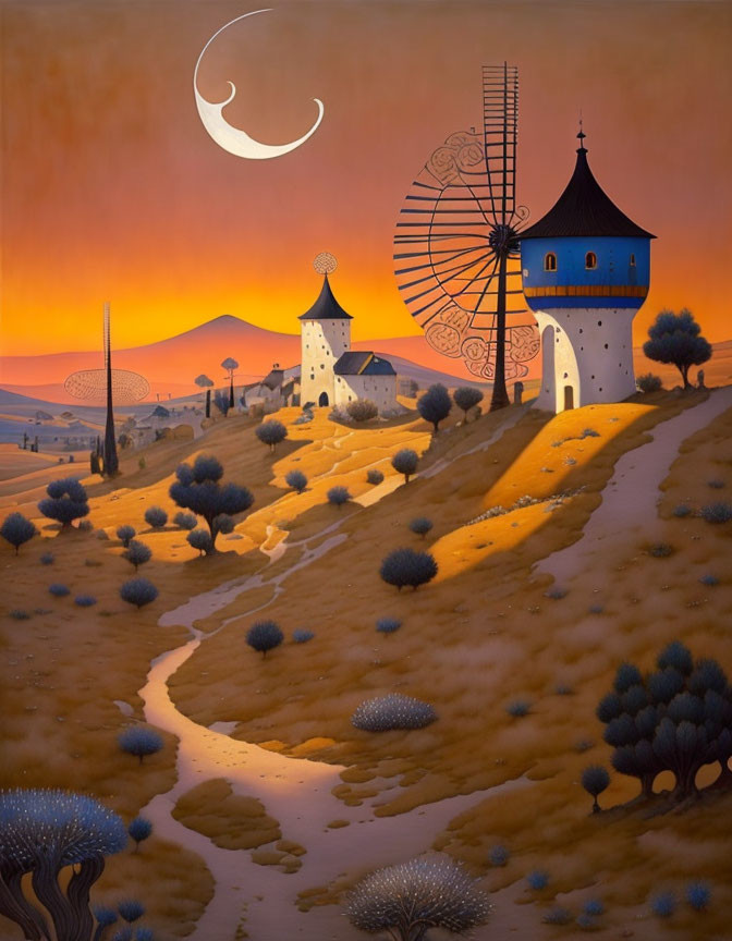 Whimsical dusk landscape with windmill, towers, stylized trees