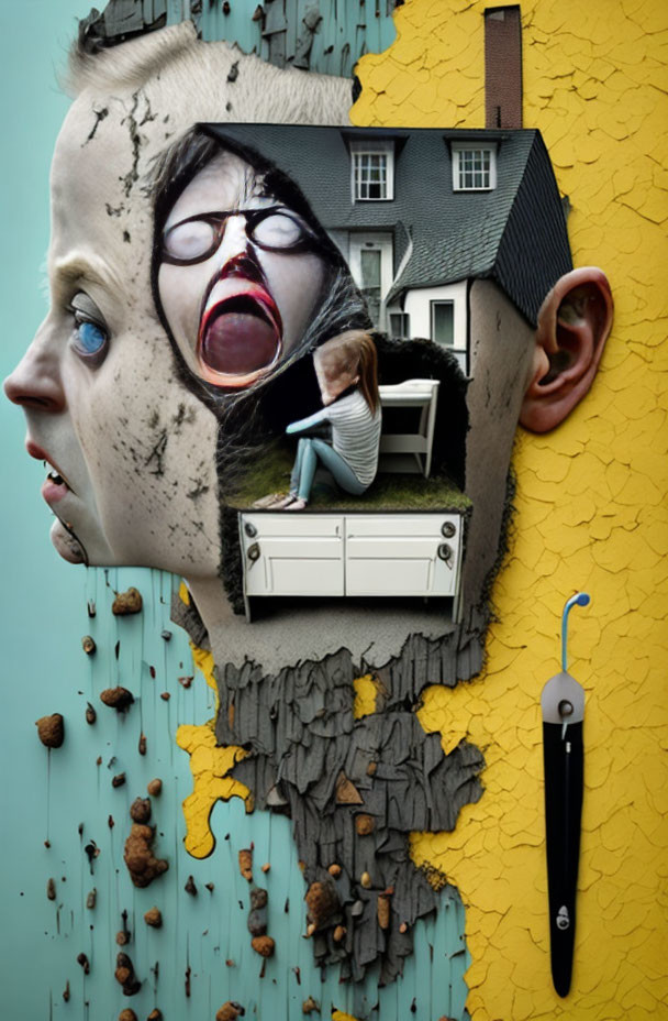 Surreal artwork: Human face merges with architecture, emotions shown on yellow backdrop