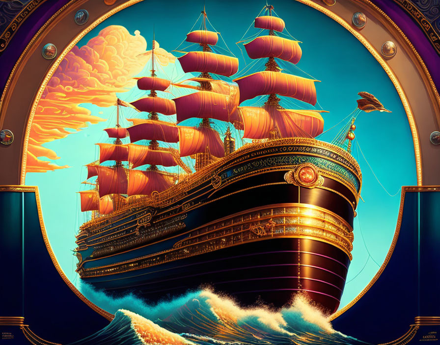 Majestic sailing ship with orange sails on ocean under golden sky