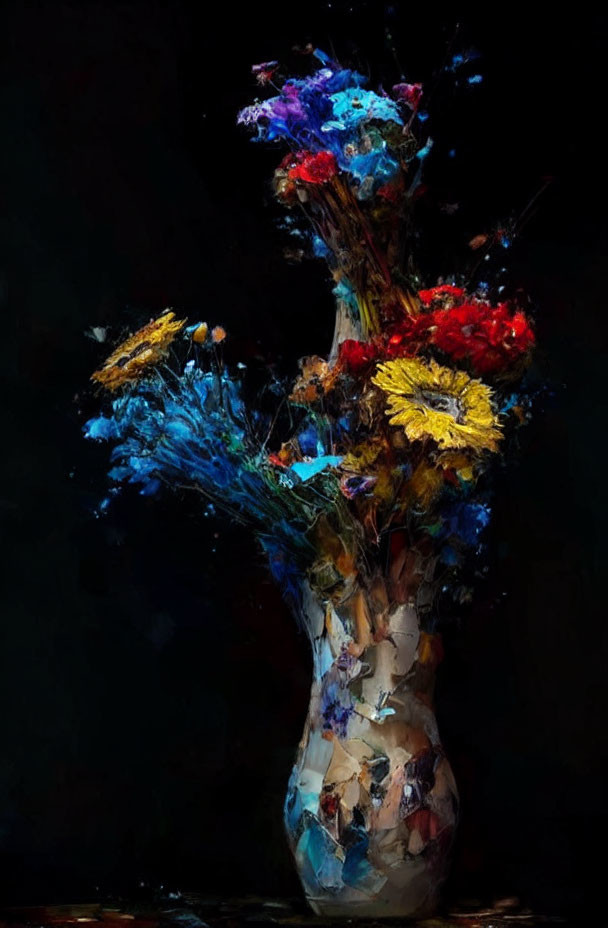 Colorful Abstract Flower Bouquet Painting on Dark Background