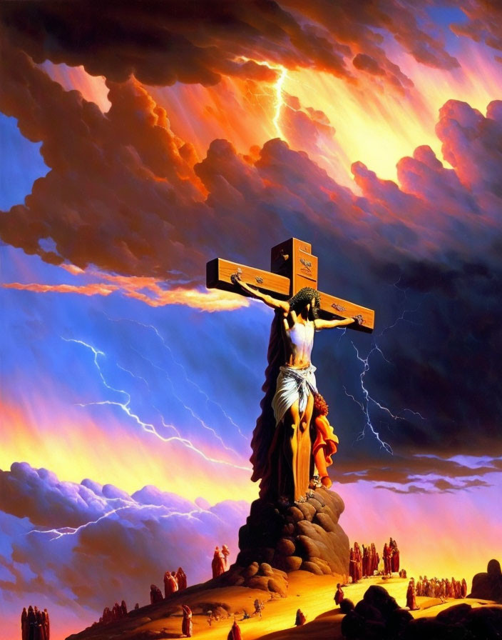 Dramatic crucifixion scene on hill under stormy skies