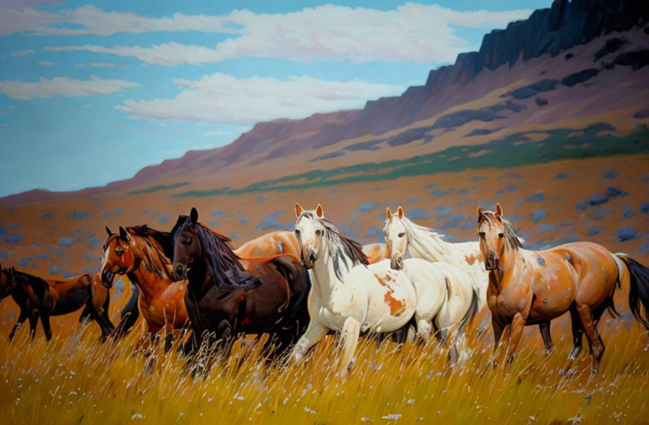 Herd of horses galloping in golden grass under blue sky