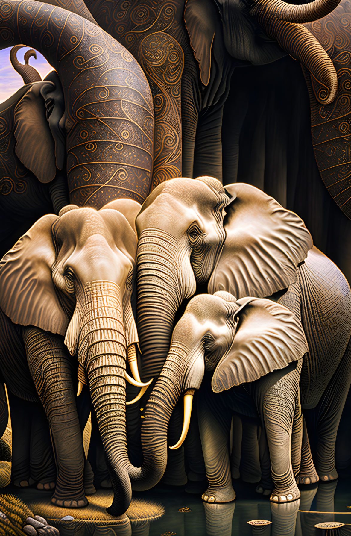 Detailed surreal illustration of multiple patterned elephants in golden hue