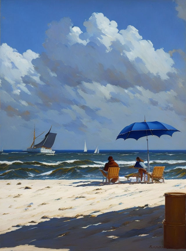 Two individuals under a blue umbrella on a sandy beach watching sailboats on the sea.