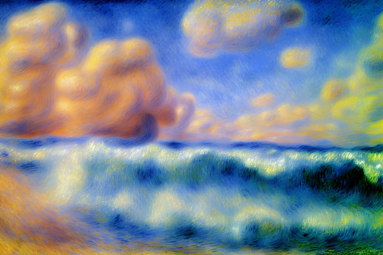 Impressionistic landscape with swirling blue sky and golden clouds