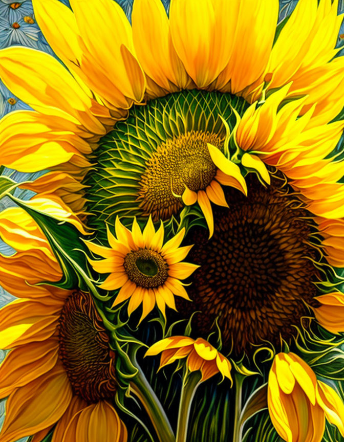 Colorful sunflower painting on blue background: yellow petals and brown centers.