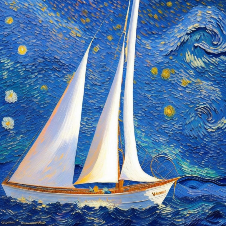 Sailboat painting with swirling waves and starry sky