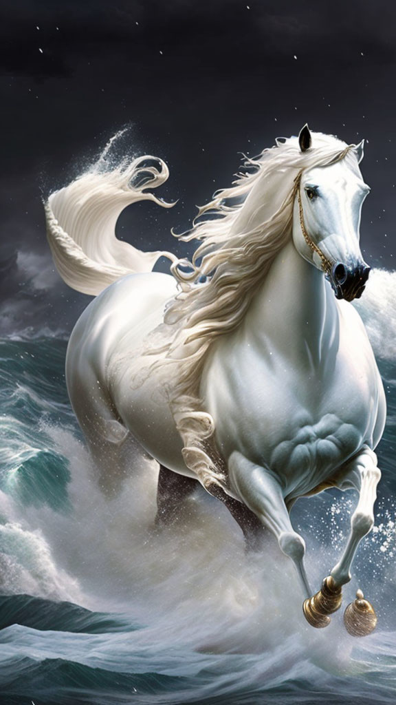 Majestic white horse galloping in ocean waves under stormy skies