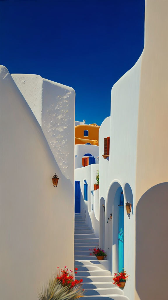 White-walled alley with blue doors, staircases, yellow dome building under blue sky