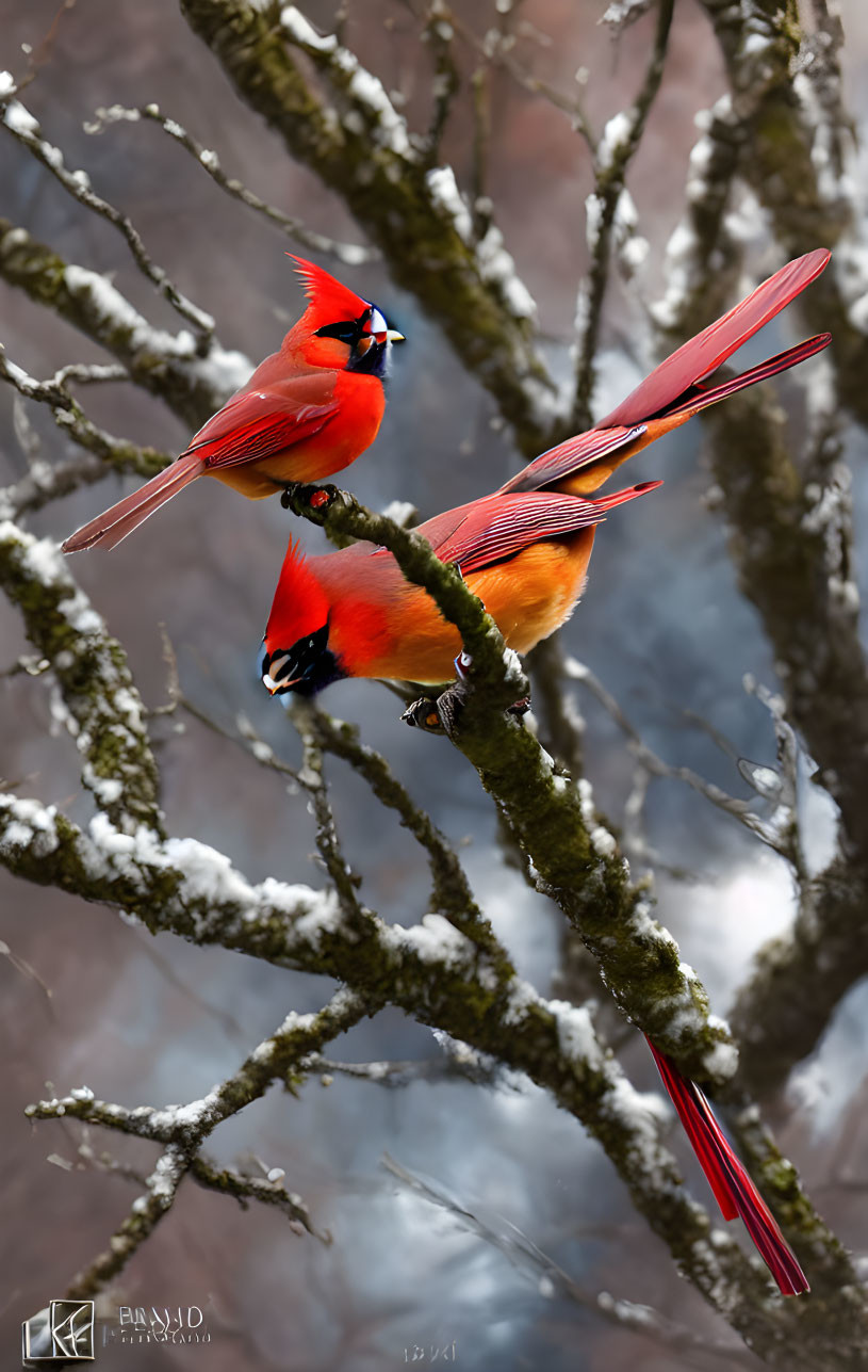 Two vibrant red northern cardinals on moss-covered branches with bare trees background