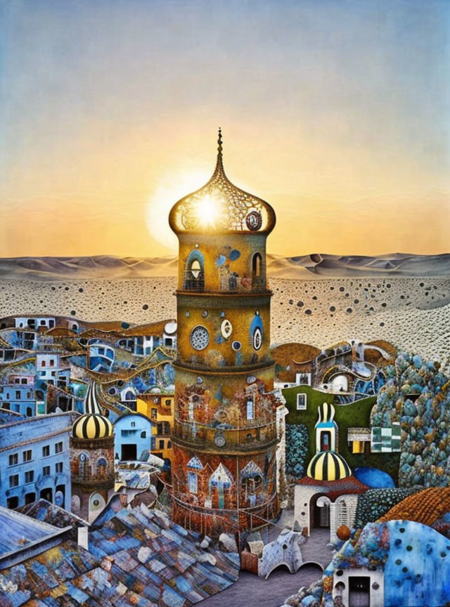 Colorful, fantastical tower in village and desert setting at sunset