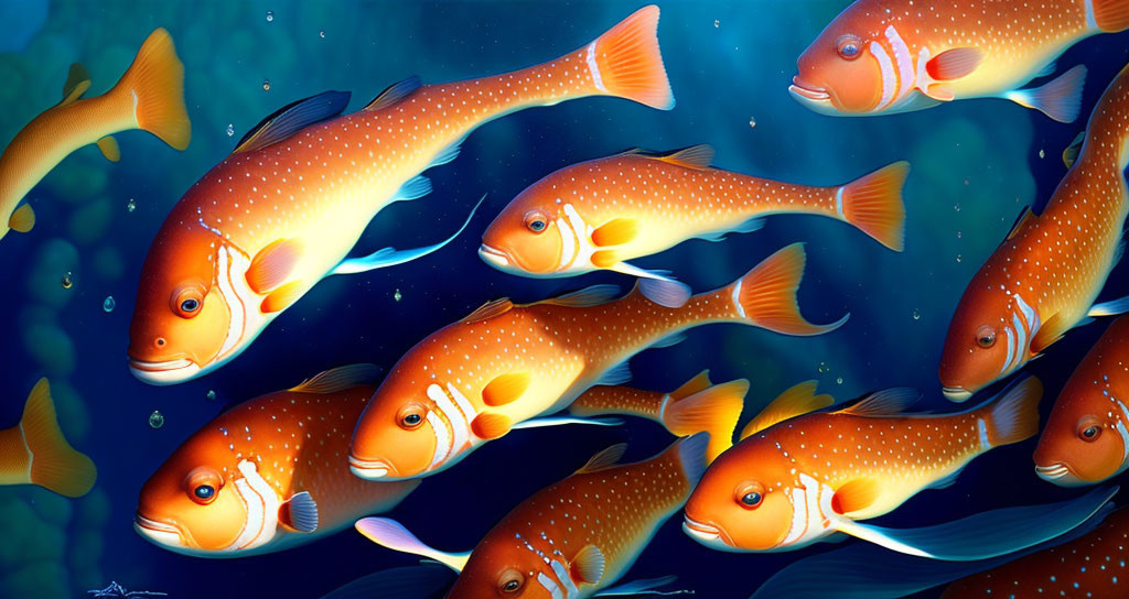 Colorful underwater scene with orange fish and bubbles on blue background