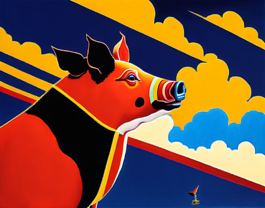 Colorful pig art with abstract clouds and boat in the background