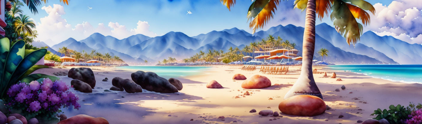 Panoramic tropical beach with palm trees, huts, flowers, rocks, white sand, blue