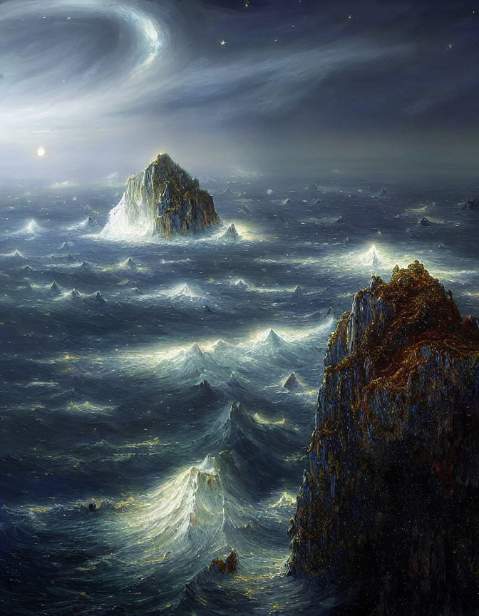 Nighttime seascape with crashing waves and moonlit galaxy.