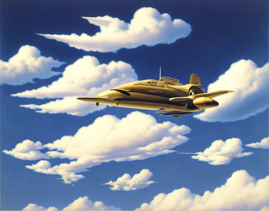 Golden futuristic aircraft flying in blue sky with white clouds trail