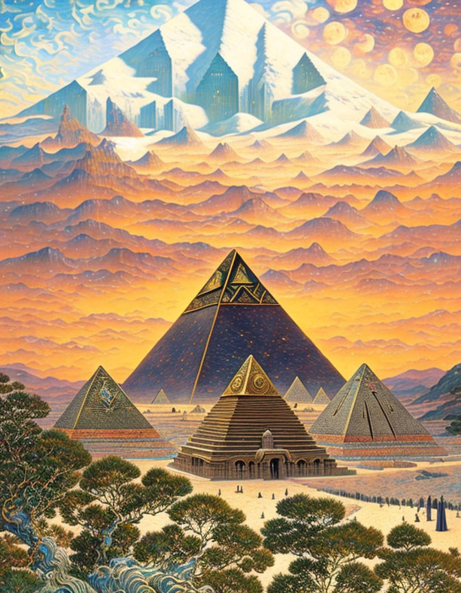 Pyramids, mountains, celestial sky in warm tones