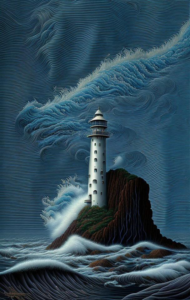 Lighthouse on craggy island amid turbulent sea and patterned sky