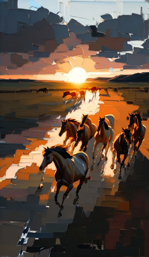 Vibrant digital painting: galloping horses with sunset reflection.