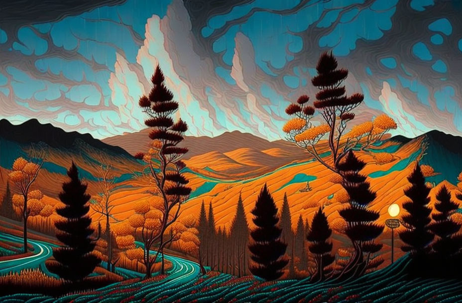 Vibrant orange hills, blue rivers, trees, and setting sun in stylized landscape