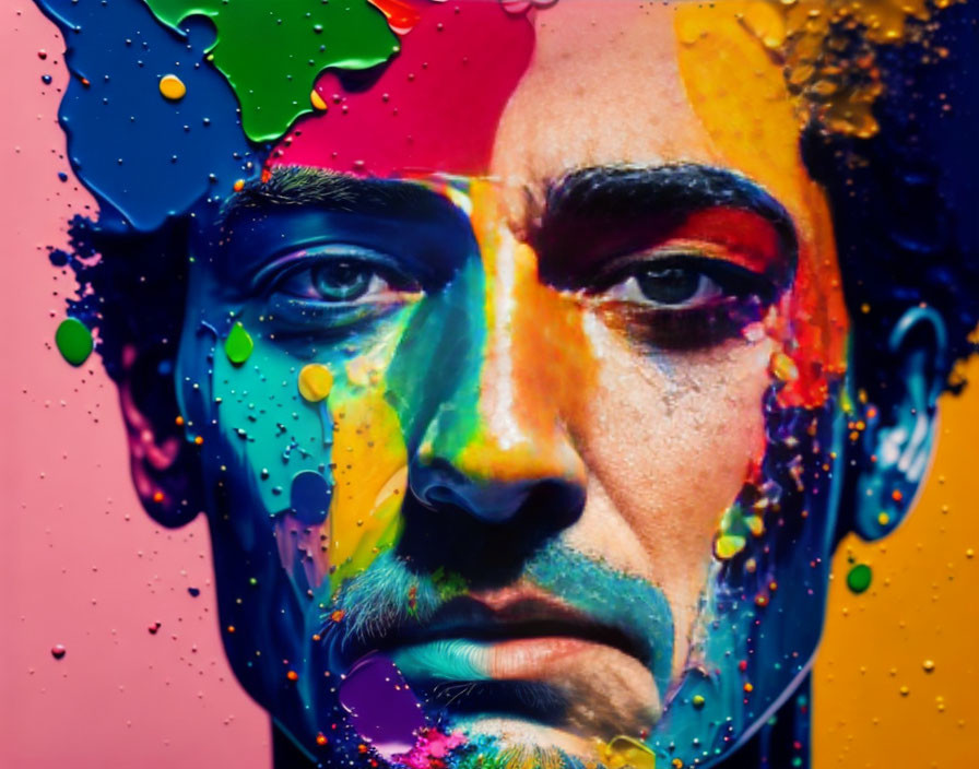 Abstract portrait with vibrant, melting paint effects on man's face