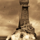 Stormy seas lighthouse on rocky outcrop in sepia-toned scene