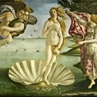 Surreal Renaissance-style painting with nude woman in shell and fantastical figures