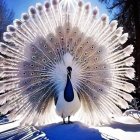 Majestic peacock with vibrant tail feathers in blue forest at night