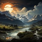 Serene landscape painting: orange sun, snowy mountains, reflective lake