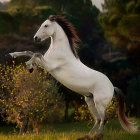 White Horse Figure with Gold Trimmings in Luxurious Garden Setting at Sunset