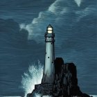 Lighthouse on craggy island amid turbulent sea and patterned sky