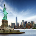 Stylized Statue of Liberty with NYC skyline and cloudy sky reflected in water