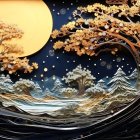 Fantastical landscape with stylized trees and a large yellow moon