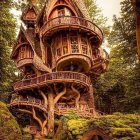 Whimsical treehouse in enchanting forest with stone foundations