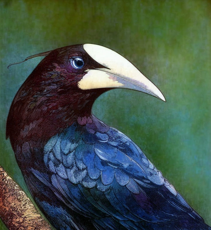 Detailed Illustration of Crow with Dark Plumage and White Beak Perched on Branch