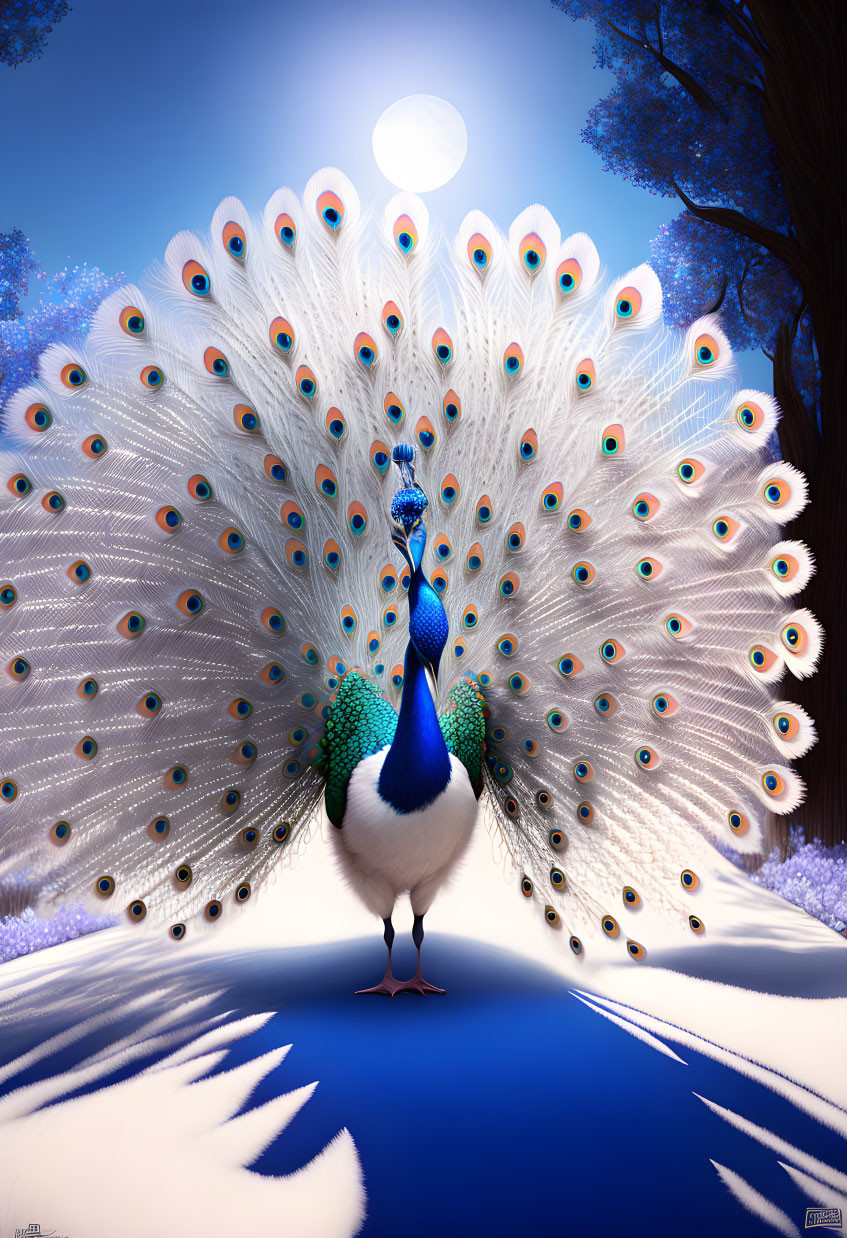 Majestic peacock with vibrant tail feathers in blue forest at night