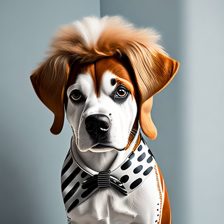 Digital artwork: Dog with human-like features in polka-dotted shirt and bow tie