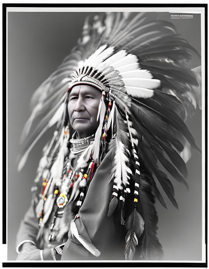Portrait of person in Native American headdress with feathers and beads on grayscale background