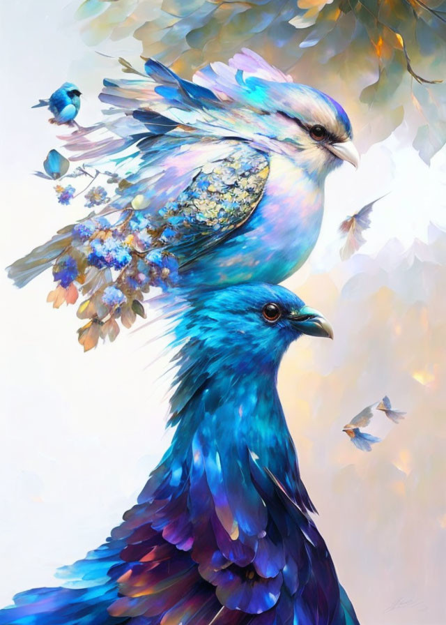 Stylized birds illustration with floral patterns in blue and white hues