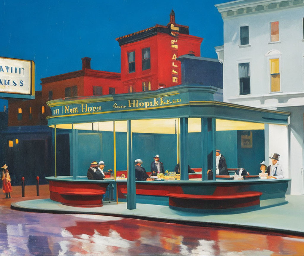 Realistic painting of street corner diner at evening with people inside, clear sky, and nearby buildings