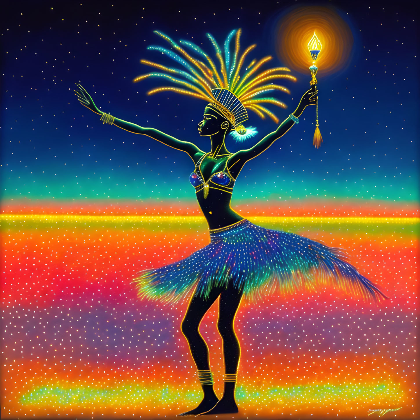 Colorful dancer with feathered headdress and torch under starry sky