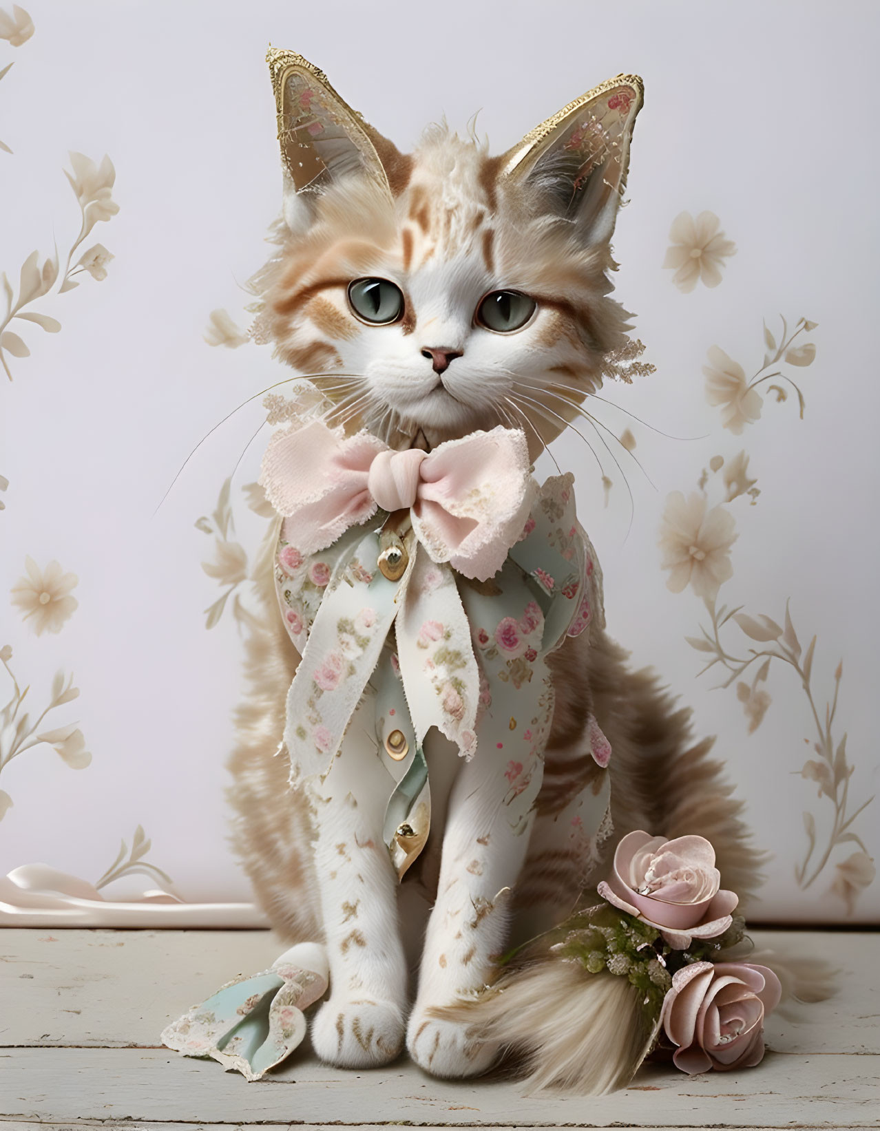 Adorned Cat in Floral Costume and Bow Sitting Against Floral Backdrop