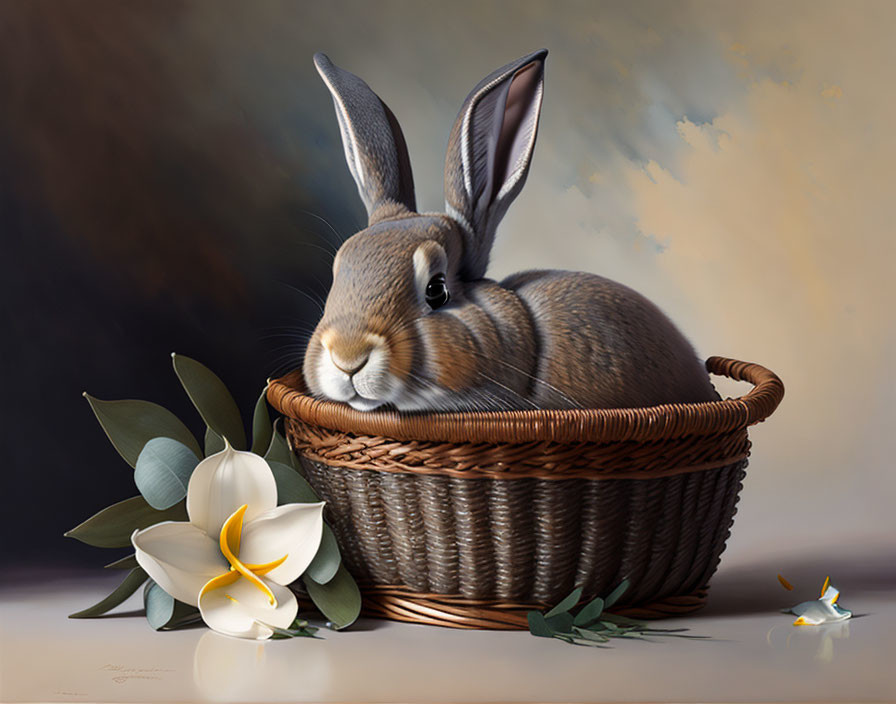 Realistic painting of brown rabbit in basket with white and yellow orchid