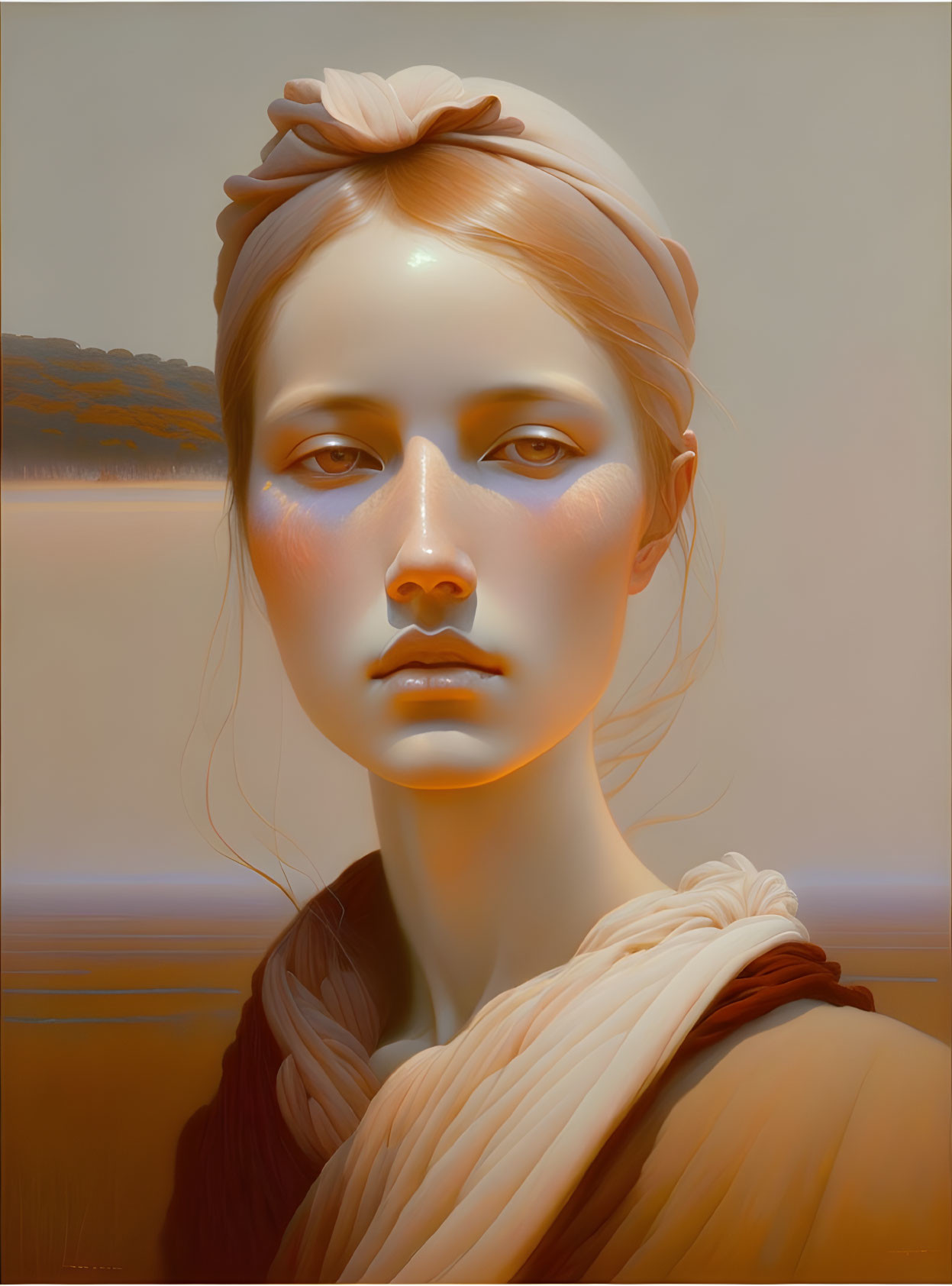 Serene digital portrait of a woman in warm hues and classic attire