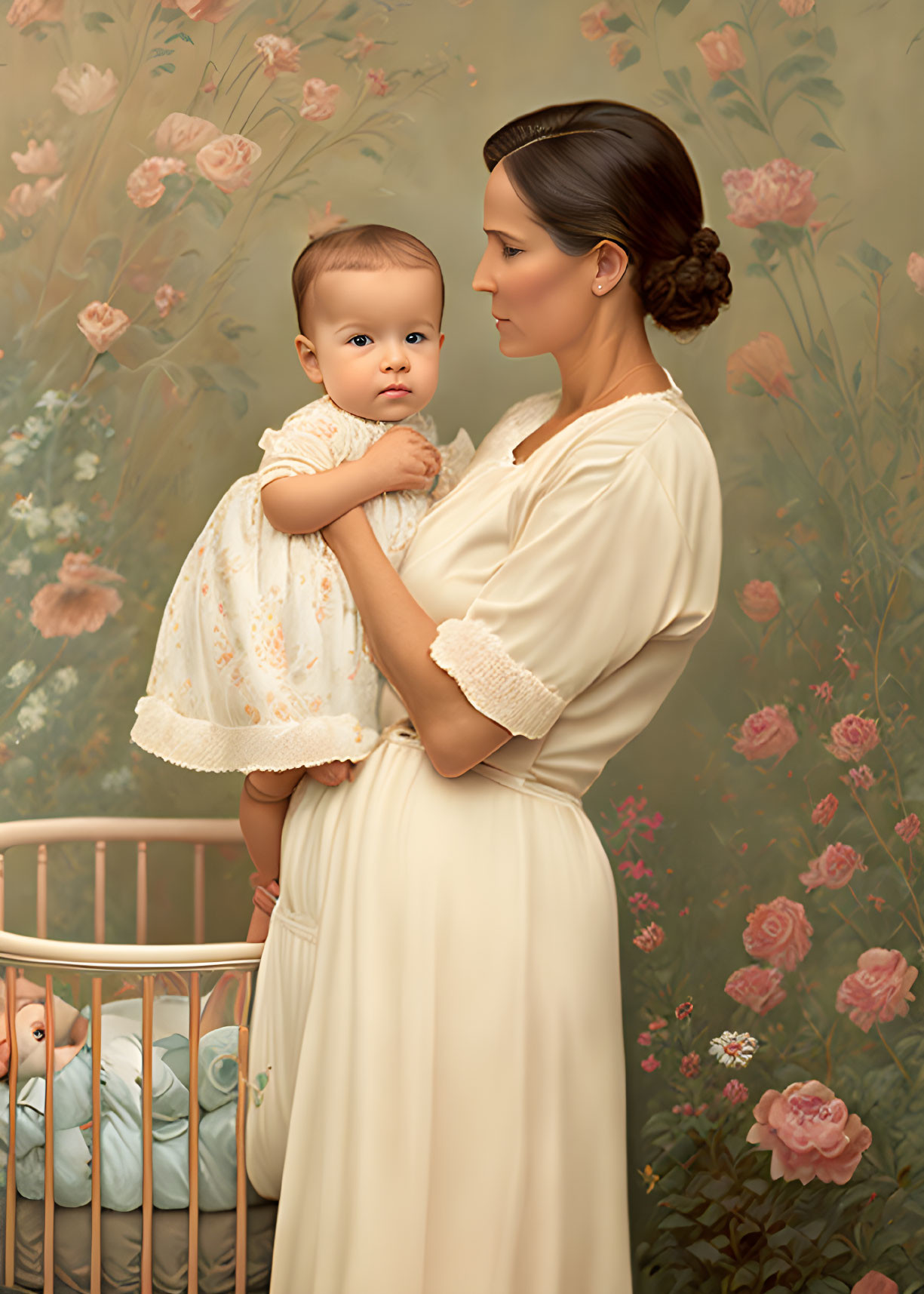 Vintage-style portrait of woman with baby and floral backdrop