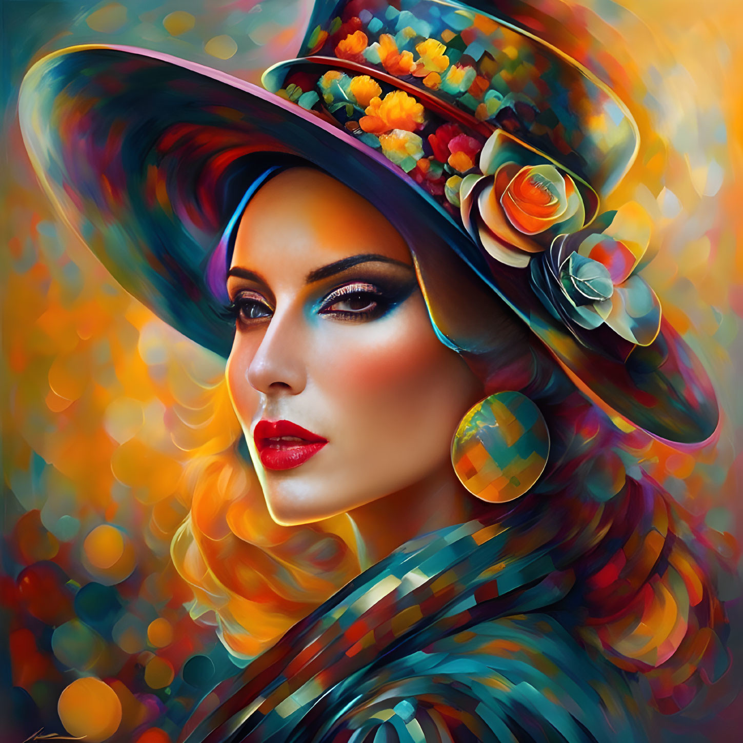 Colorful digital portrait of a woman in striking makeup with flower hat and scarf.