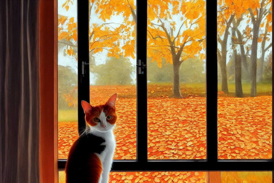 Orange and white cat by window with autumn landscape view