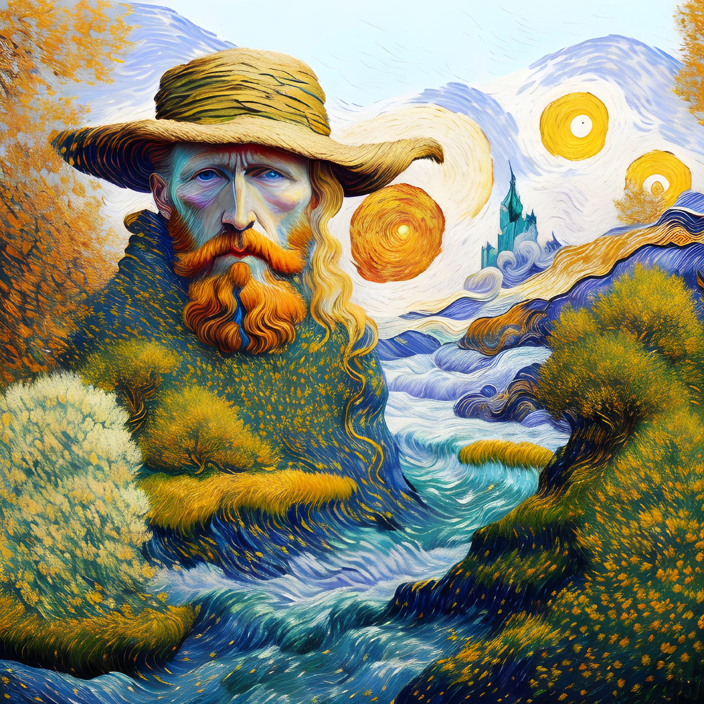 Man with flowing beard and hat in Starry Night-inspired portrait