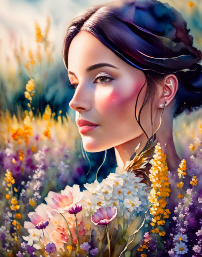 Portrait of Woman with Dark Hair Surrounded by Colorful Flowers